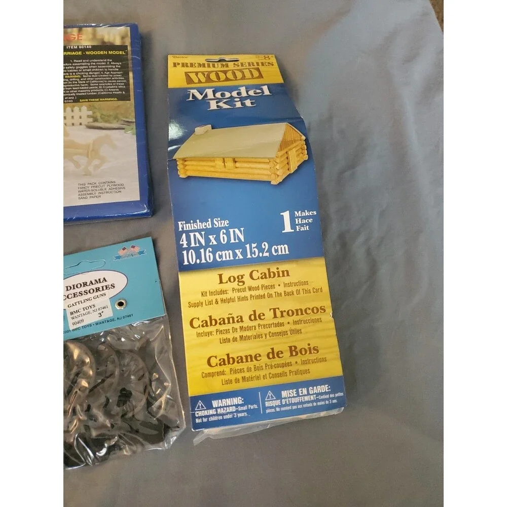 7 Vtg Wood Model Kit Lot Wooden Cover Wagon Log Cabin Sealed Read Gattling Buggy